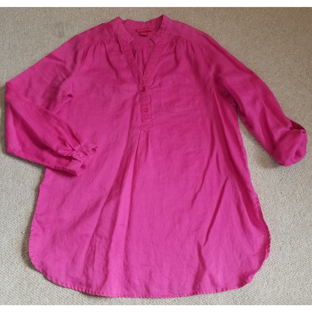 Womens Top-SUNNY LEIGH-hot pink 100% linen 1/4 button tunic ls Resort Coastal-L
